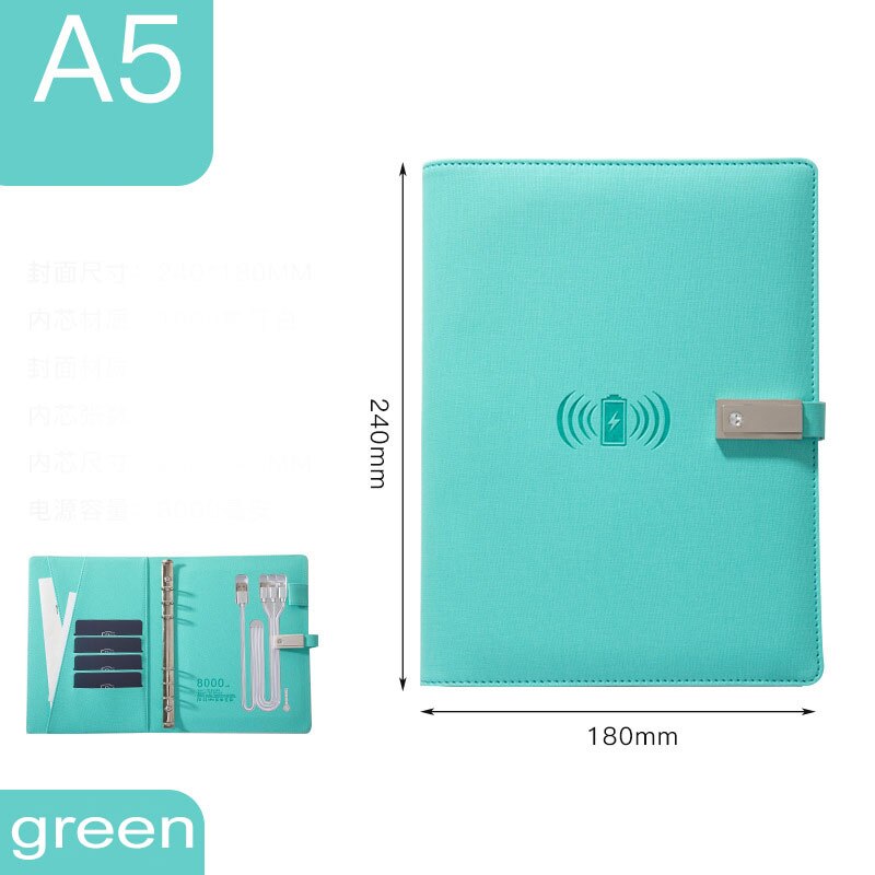Power Bank – agenda A5 avec chargeur sans fil, 8000 MAh, agenda intelligent, reliure à feuilles mobiles, planificateur spiralé pour bureau: green