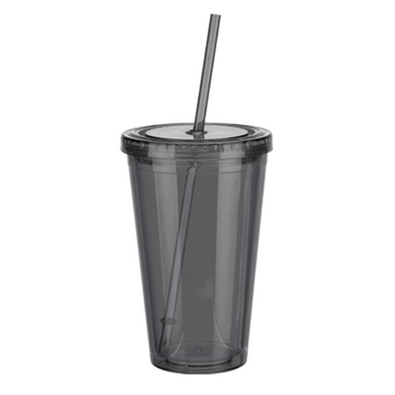 1 stk 500ml plastik isglas dobbeltvægget kold drik kaffe juice te rejse kop flaske krus med sugerør væske bæger låg  #25: Sort
