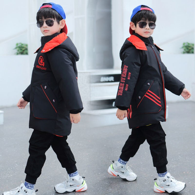 winter Children Clothes Boys Coat Plus Velvet Thick Cotton long thick Coat Warm Jacket 4 5 6 7 8 9 10 11 12 Years: Red / 4-5 year(120cm)
