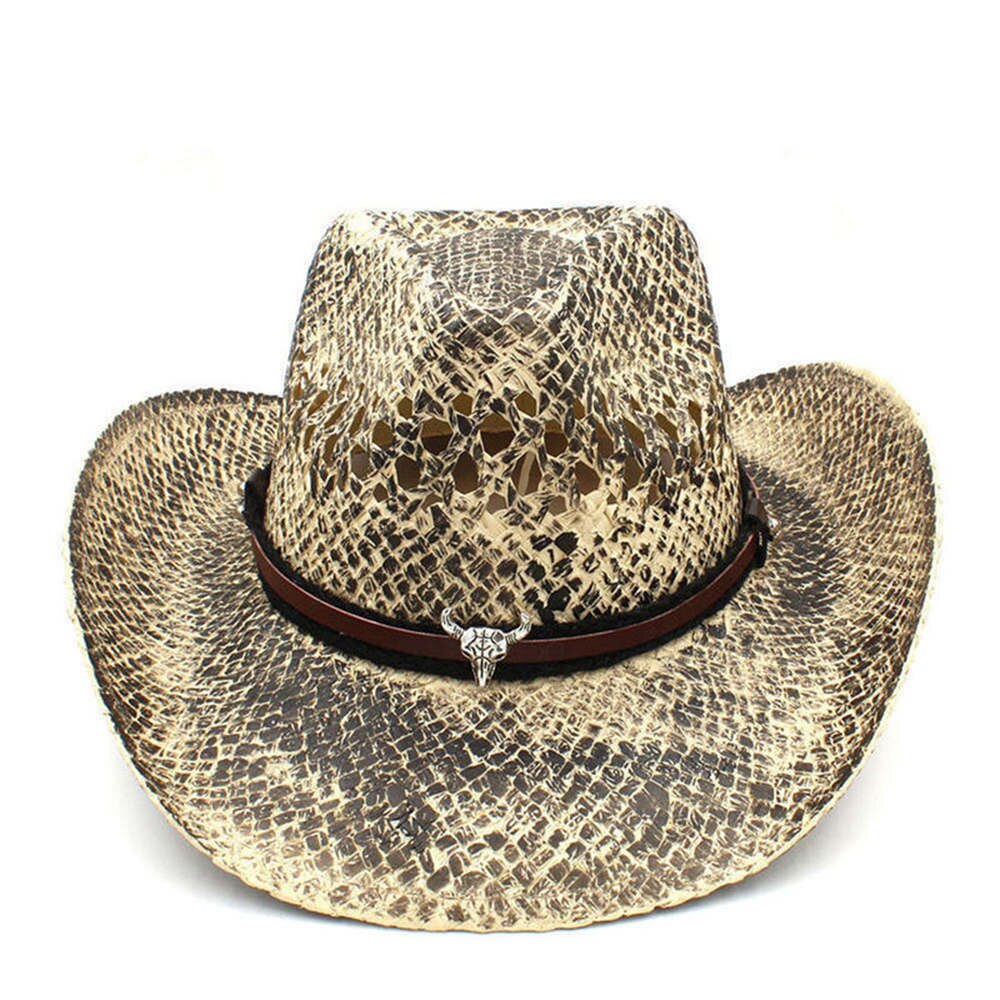100% Straw Men Western Cowboy Hat Handmade Weave Dad Sombrero Hombre Cowgirl Jazz Caps Punk Belt Band Size 56-58CM: C1 BCJ