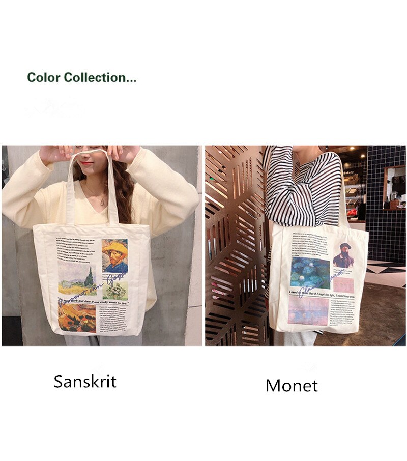 Van Gogh Monet Print Vrouwen Tassen Eenvoudige Milieu Schouder Shopper Handtas Meisjes Rits Wasbaar Canvas Tas Bolsas