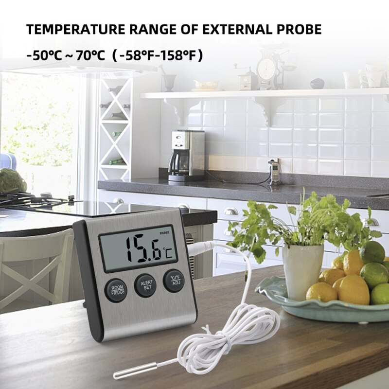 Digital Kitchen Thermometer LCD Display Long Probe for Refrigerator/Freezer/Fridge Thermometer Alarm Timer Measuring Tools