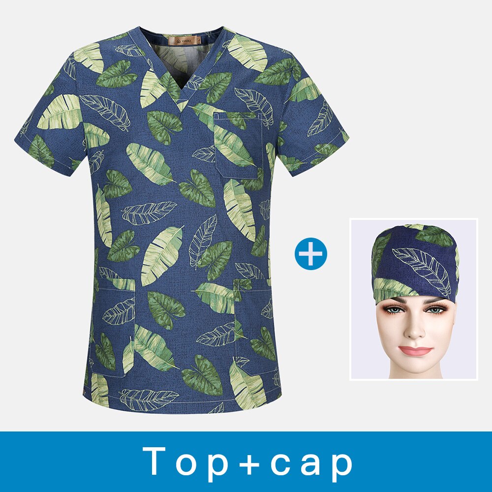 Atmungsaktive frauen Peeling oben Baumwolle einstellbare Uniform Blau Drucken Uniform V-ausschnitt Hemd labor Arbeitskleidung Neue oben + Hütte: oben Deckel / XXL