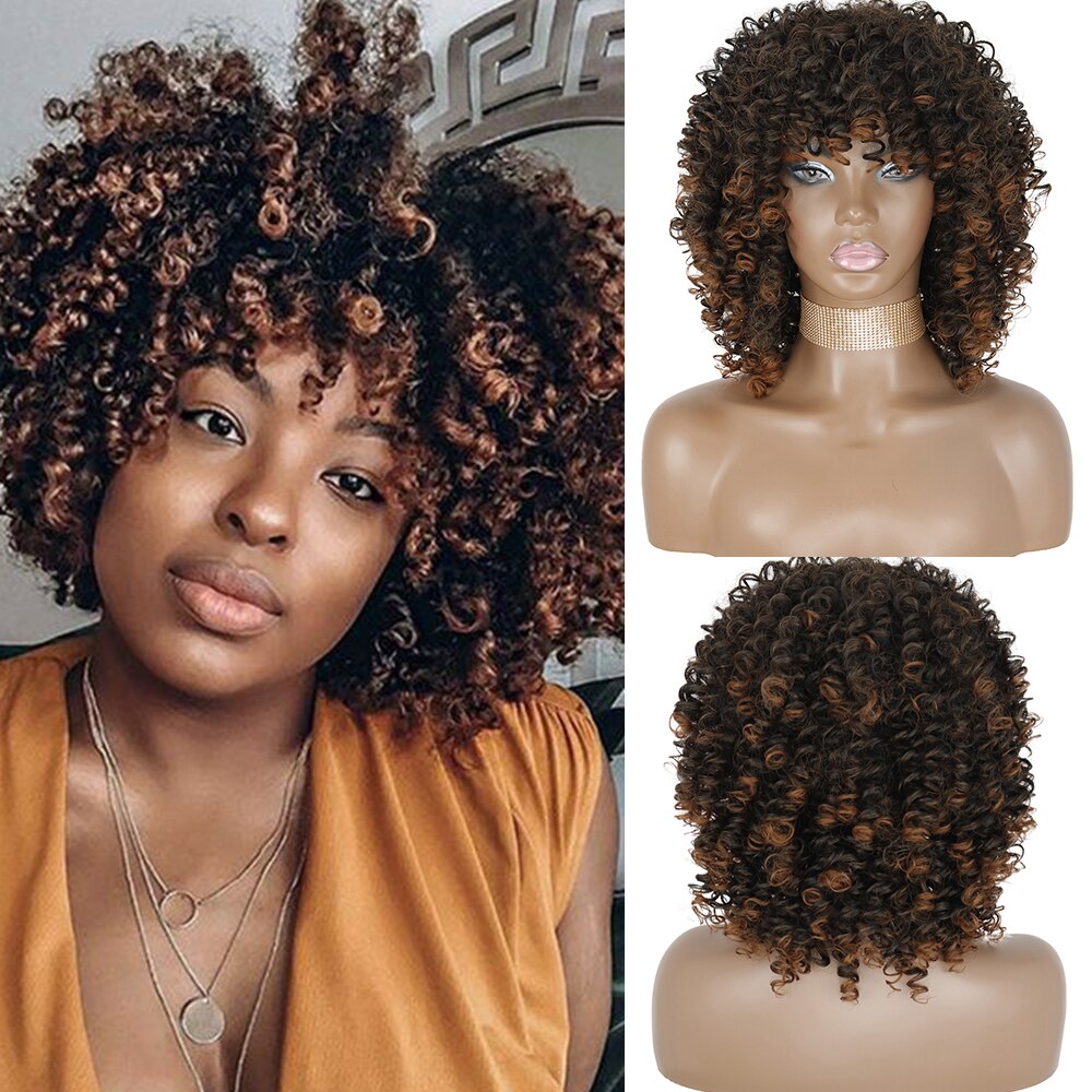 AZQUEEN Synthetic Afro Kinky Curly Wigs Short Curly Wig For Women With Bangs Mixed Black and Gray Wig for Black Women: 9200-T2-30