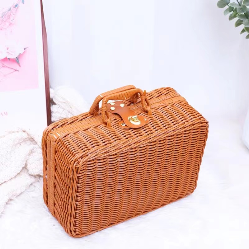 Paniers en rotin PP rétro, panier de rangement pour pique-nique, valise WUNICEF avec boîte à la main, boîte de rangement cosmétique tissée, rangement d'organisation