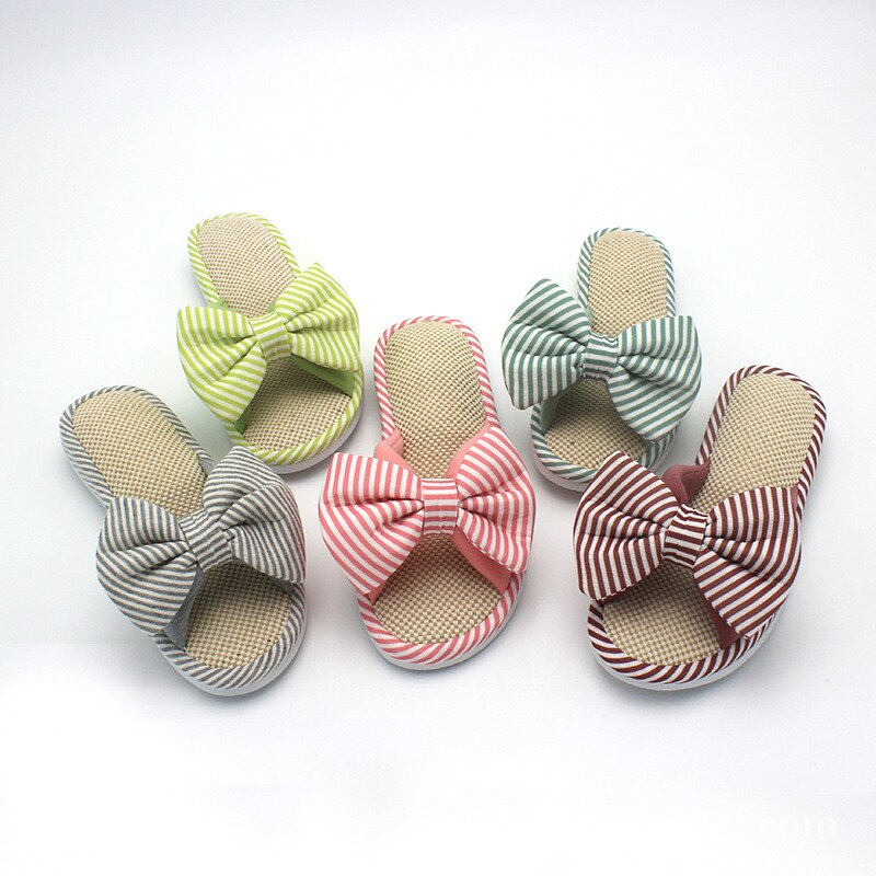 Intérieur maison pantoufles couleur bonbon printemps femmes chambre dessin animé noeud papillon dames diapositives confortable coton plancher lin maison chaussures