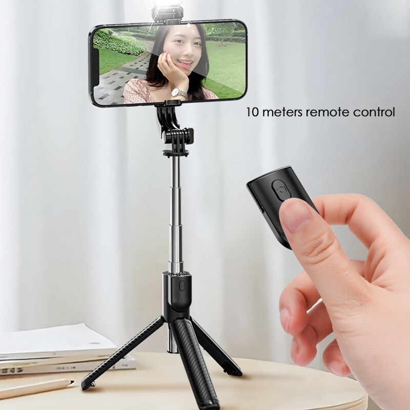 Selfie-stick-stativ mit aufhelllicht, abnehmbarer drahtloser fernbedienung, frei einziehbarem selfie-stick