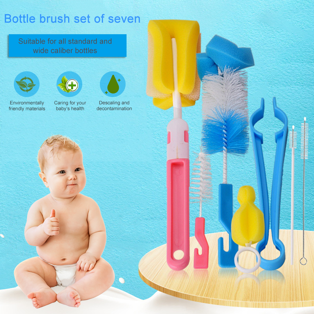 Ensemble de brosses biberon pour bébé, ensemble de 7 pièces, avec têtes rotatives à 360 degrés pour le nettoyage et le lavage des gobelets, éponge