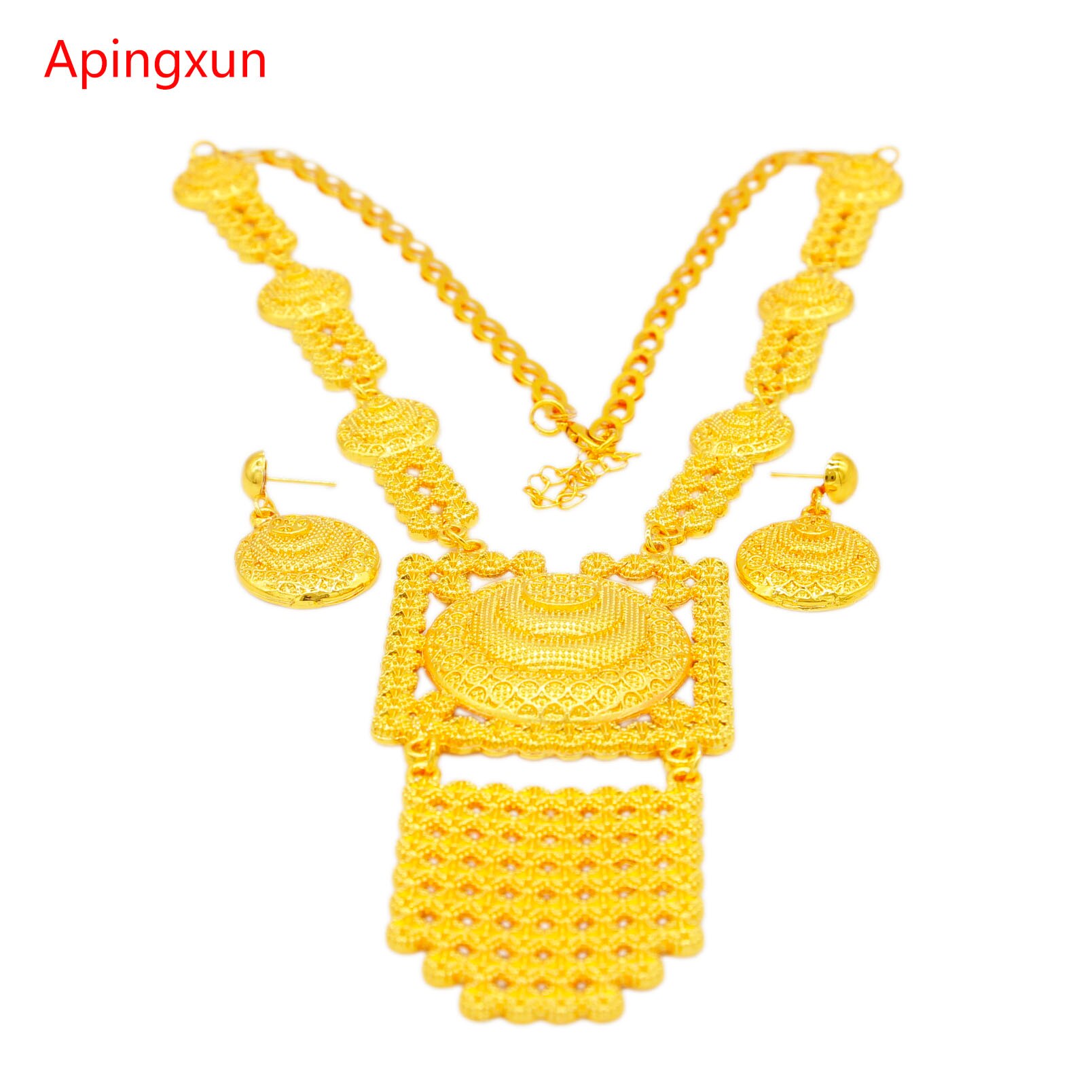 Apingxun 24K Ketting &amp; Oorbellen Sieraden Set Ronde Vorm Oorbel Afrikaanse Arabische Franse Vrouwen Bridal Wedding Luxe Sieraden Vrouw