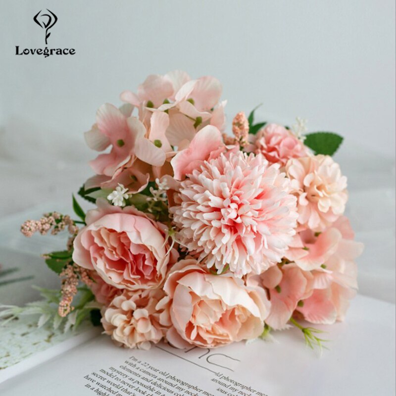 Bouquet de mariage Lovegrace soie artificielle Rose pivoine fleur mariée Bouquet Rose hortensia pompon bourgeon vanille épi fourniture de mariage