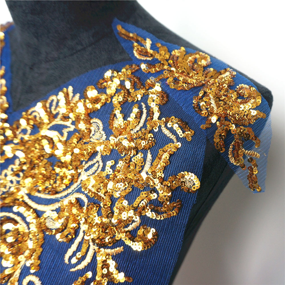 Applique Dentelle Avec Strass Dorés Et Perles - 12x35 Cm - Pour Couture Robe De Mariée, Vêtements