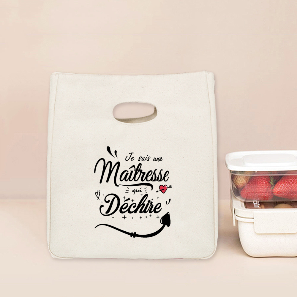 Merci Maitresse Print Lunch Bag Przenośna izolowana płócienna torba termiczna Bento Tote Thermal School Torby do przechowywania żywności Prezent dla nauczyciela: green