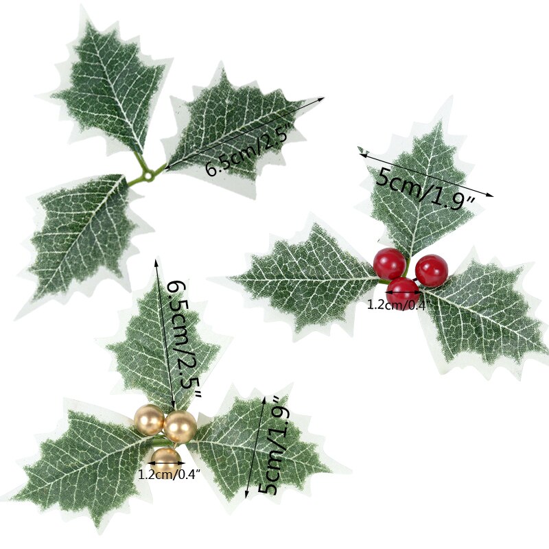 5/10Pcs Green Holly Leaf Leaves and Red Holly Berry Gold Cherry for Wedding Party Home Party Decoration DIY Christmas Wreath Dec