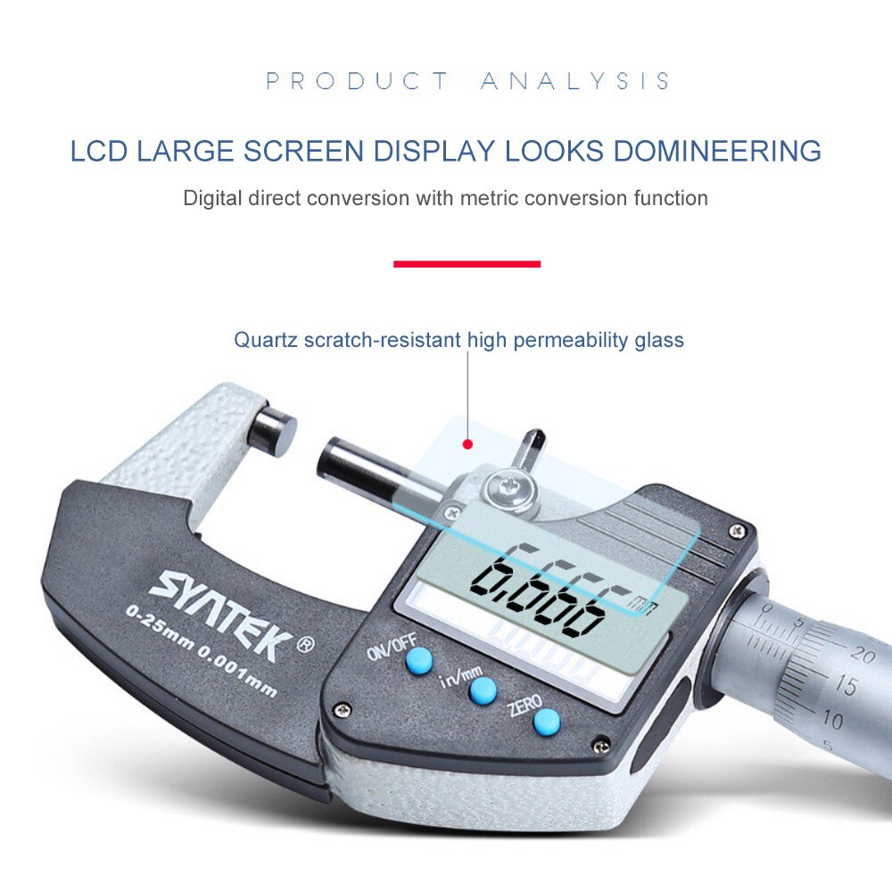 0.001mm Electronic Digital Micrometer 0-25mm 3 Buttons Metric/inch Electronic Outer Diameter Micrometer Carbide Tool