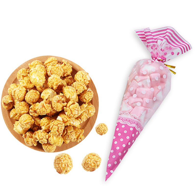 50 stuks Roze Stippen Kegelvormige Behandelen Popcorn Tassen Cellofaan Snoep Zakken Driehoekige Gesponnen Suiker Verpakking Zak Voor Snack candy Biscuit