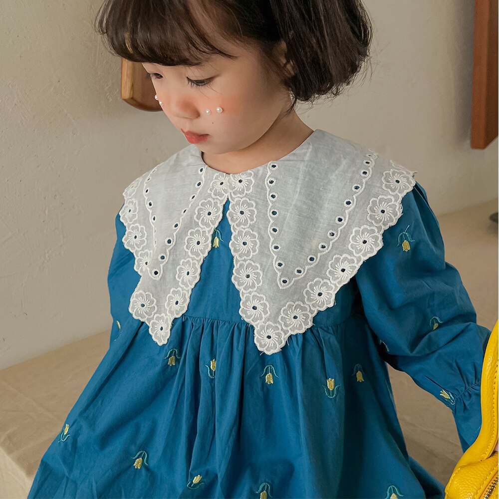 1087C Korea Girl Clothes abito da ricamo 2022 Spring New Girl Baby ricamato colletto abito abito da principessa floreale