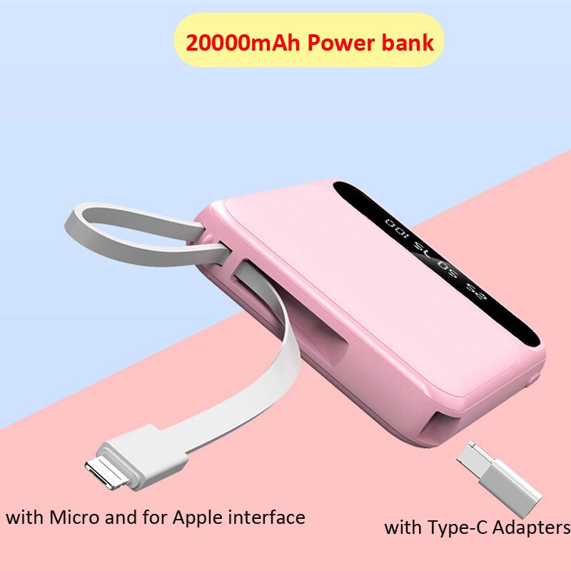 Mini Power Bank 20000Mah Ingebouwde Kabel Voor Android Ios Type-C Adapter Led Zaklamp Met Digitale Display draagbare Powerbank