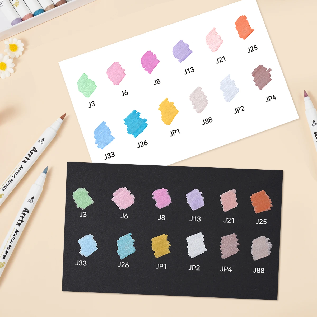 Arrtx 12 marcadores acrílicos de colores metálicos, pincel, bolígrafos acrílicos para piedra de roca, cerámica, porcelana, taza, tela de madera, pintura en lienzo