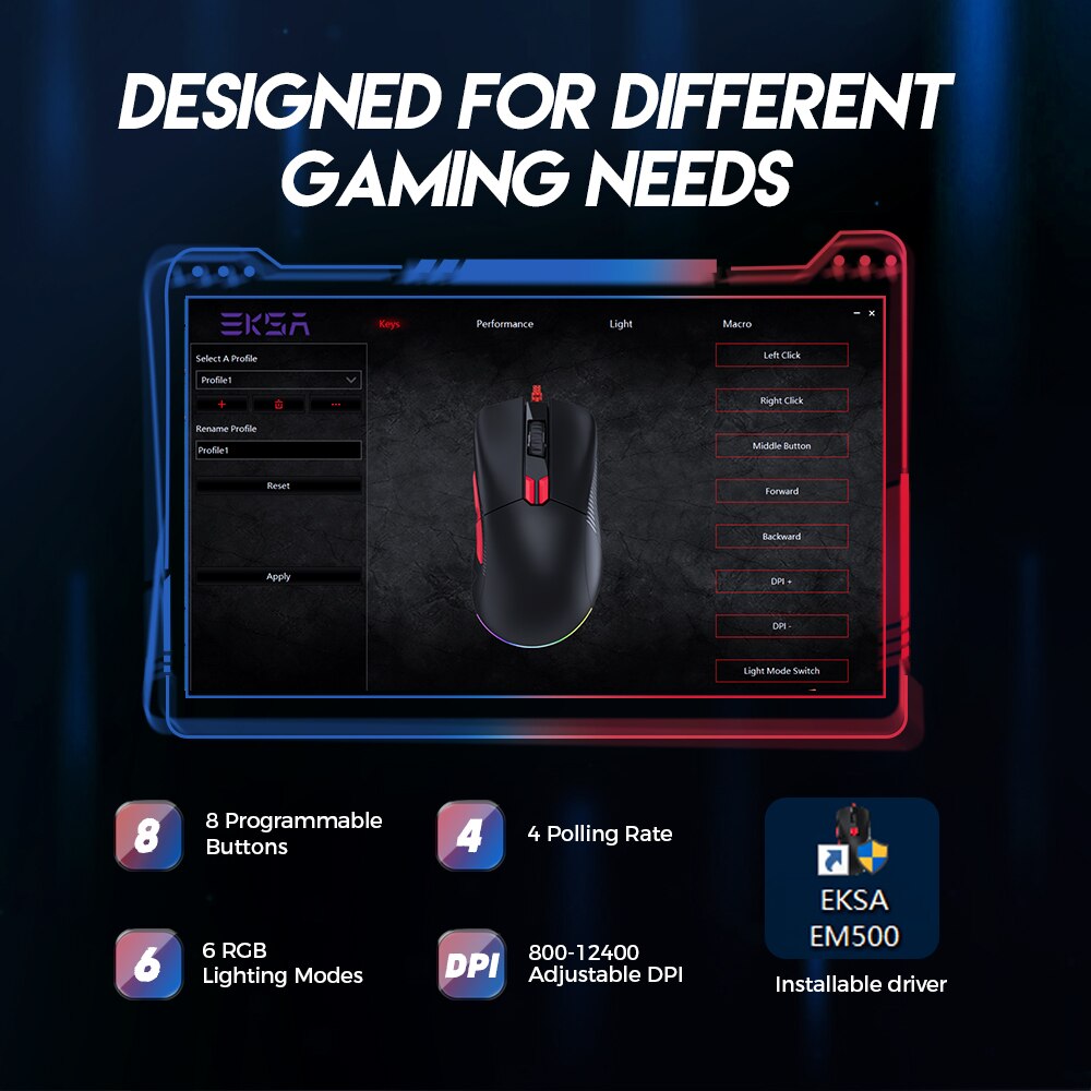 EKSA – souris de jeu EM500 RGB, 12400 DPI, 1000Hz, légère, filaire, USB, 8 boutons programmables, pour ordinateur PC et portable