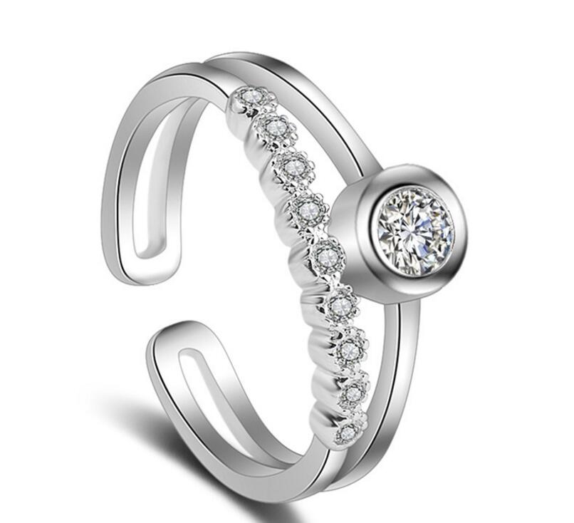 Prachtige Zirkoon Crystal Ringen Zilveren Kleur Twee Rijen Mooie Resizable Vrouwen Trouwringen S-R55