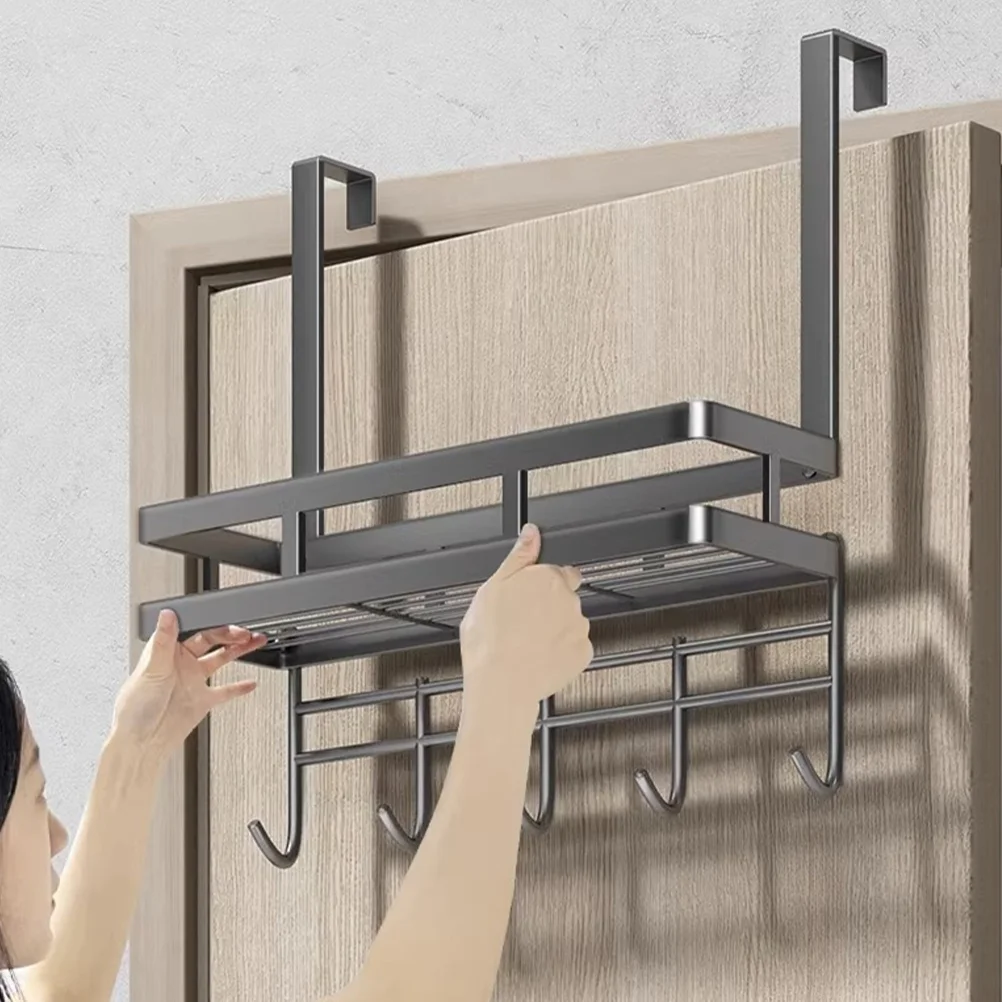 Over Deur Hangers Afneembare Installatie-Vrije Opslag Rack Multifunctionele Hoge Koolstofstalen Haak Grijze Kleding Plank Mand