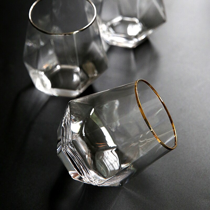 Vasos de vino de cristal creativos, vasos de Whisky dorados con borde de diamante, vasos de cristal hexagonales duraderos, juego de copas de vino