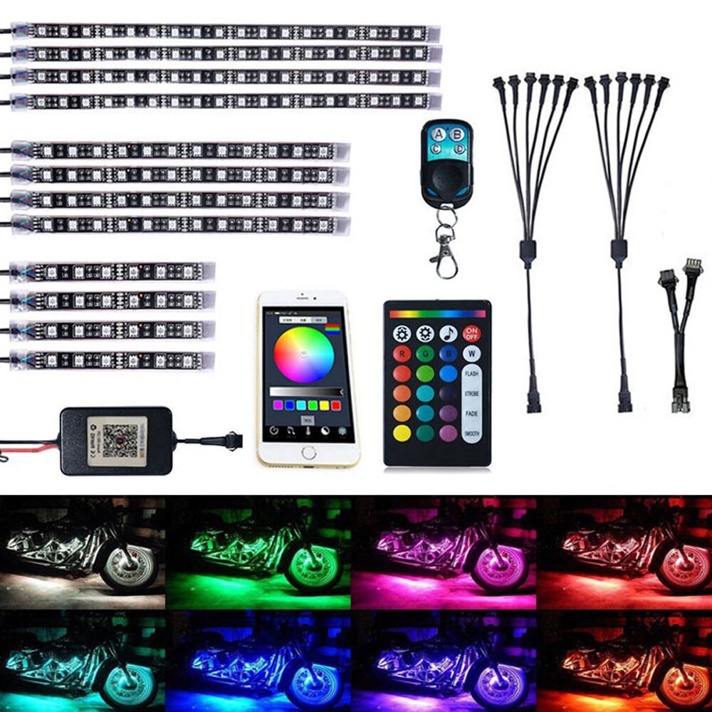 Motorcycle LED Light Kit Strips 5050 RGB Colorful Atmosphere Lights 12PCS Waterproof Light Strip Voice Control RF Wireless Remot