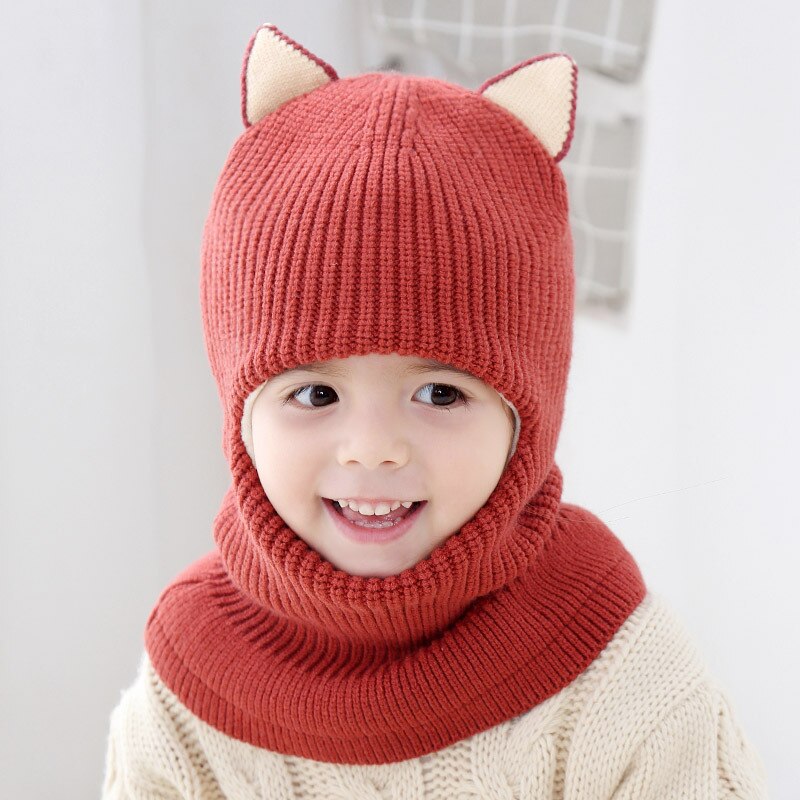 Conjunto de bufanda con orejas de gato para niño y niña, gorro tejido para bebé, conjunto de bufanda, gorro de terciopelo y protección para el cuello, a prueba de viento, Invierno