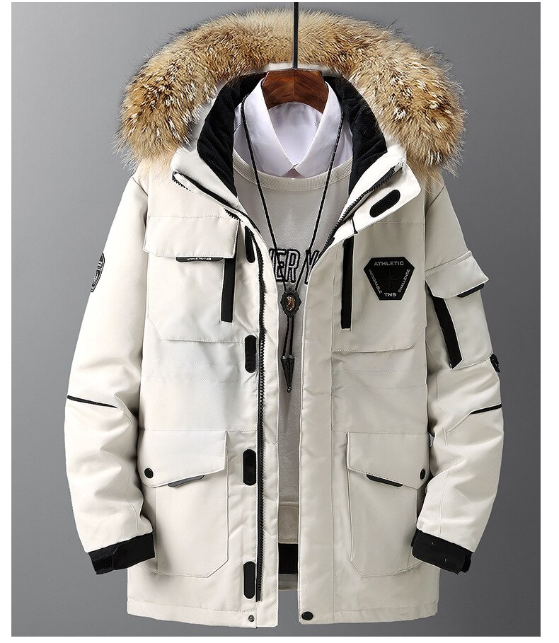Merk bontkraag winter herenjas 3xl winddicht waterdicht 90%  witte eendendonsjas heren dikke warme heren donsjassen bovenkleding: Wit / Xxl