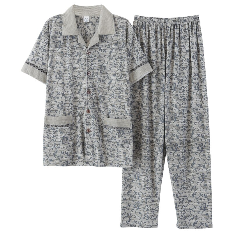 Sommer bomuld pyjamas sæt stribet pyjamas kortærmet turn-down krave plus størrelse 4xl nattøj til mænd kort top+lange bukser