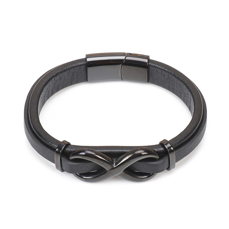 Mkendn zwarte titanium roestvrijstalen magnetische leren armband voor heren en dames, infinity sieraden, power bangels, vriendschap: 23cm