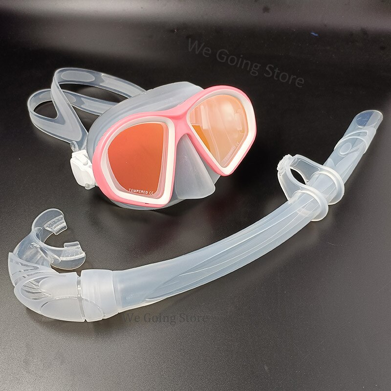 Teenager Swimming Mask Silicone Low Volume Scuba Diving Mask Freediving Scuba Dive Goggles with Coating Mirror Lens: pink set 1