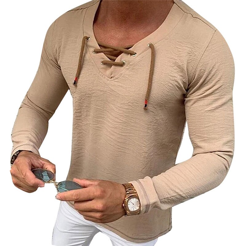 Men Long Sleeve T-shirt, Cross Strap V-neck Simple Solid Color Spring Clothing