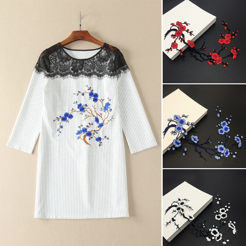 Parches bordados de flores de ciruela, adhesivos para ropa, decoración de boda, vestido de hierro en costura, proveedor de apliques, artesanías