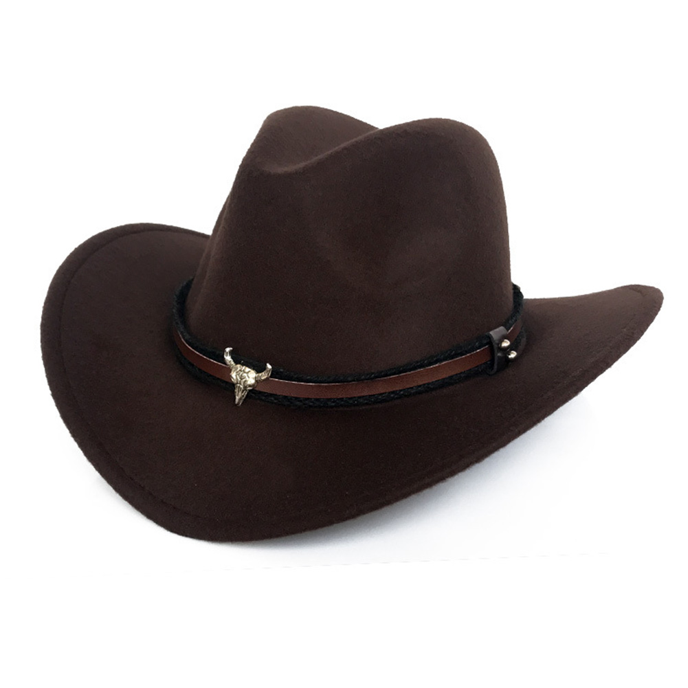 Ox Head Unisex Western Cowboy Woolen Hat Wide Brim Fedora Jazz Cap with Strap Cowboy Woolen Hat Wide Fedora Jazz Cap with Strap