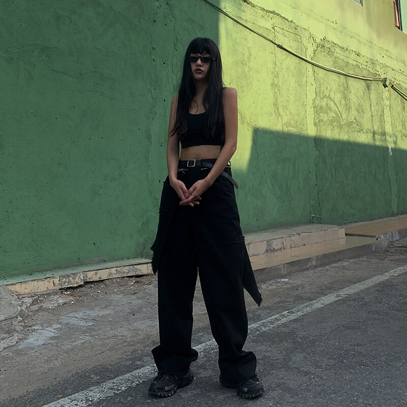 Falda desmontable Harajuku, pantalón vaquero suelto para hombres y mujeres, ropa de calle, pantalones vaqueros rasgados de pierna ancha lavados, pantalones holgados Hip Hop