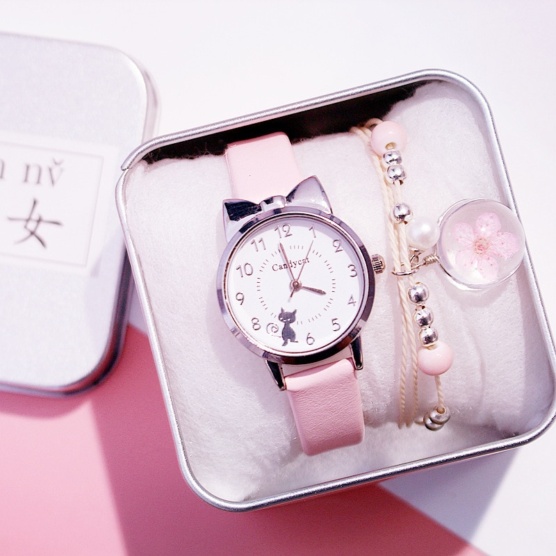 freundlicher Uhren Studenten freundlicher Rosa Uhr Mädchen Art Stunden Schwarz Katze Quarz Armbanduhr Mädchen Uhren freundlicher uhren