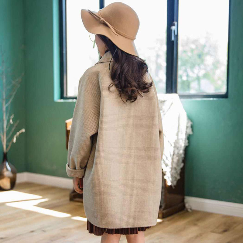 neue Herbst Winter freundlicher Mädchen Baumwolle Lange Jacken freundlicher Revers Plaid Wolle Mantel Teenager Mädchen lässig warm Wolle Outwear k18