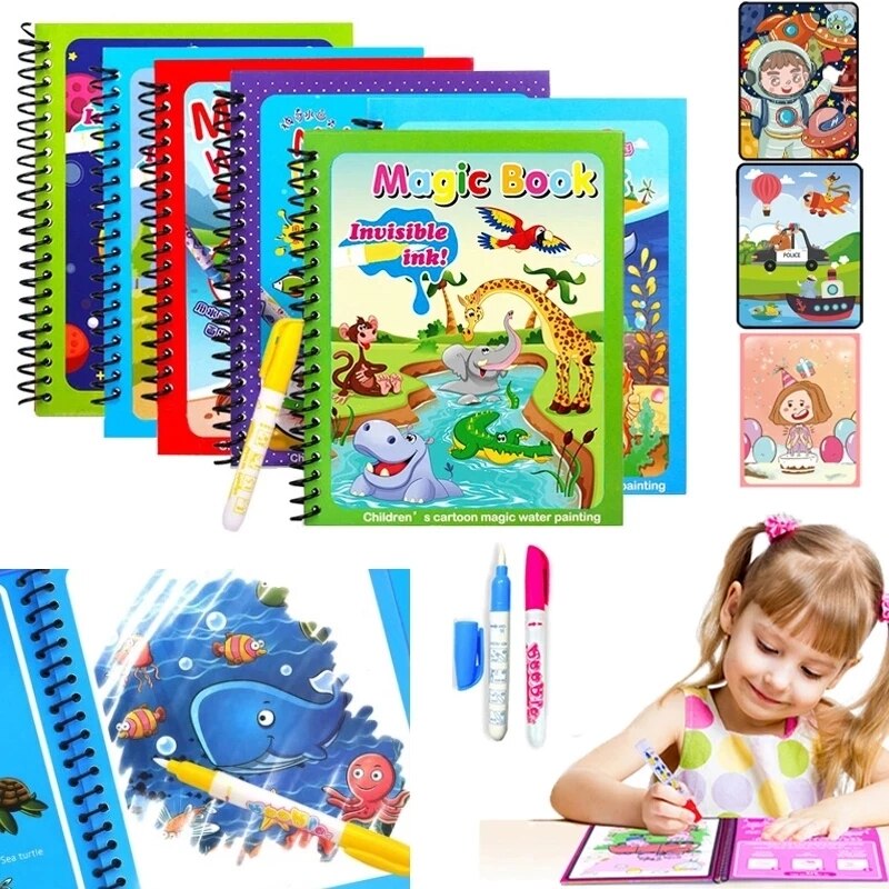 Interesante cuadro al óleo de tela que adorna el libro para colorear con agua, dibujo de grafiti de dibujos animados, bolígrafo mágico, tablero de dibujo, juguete