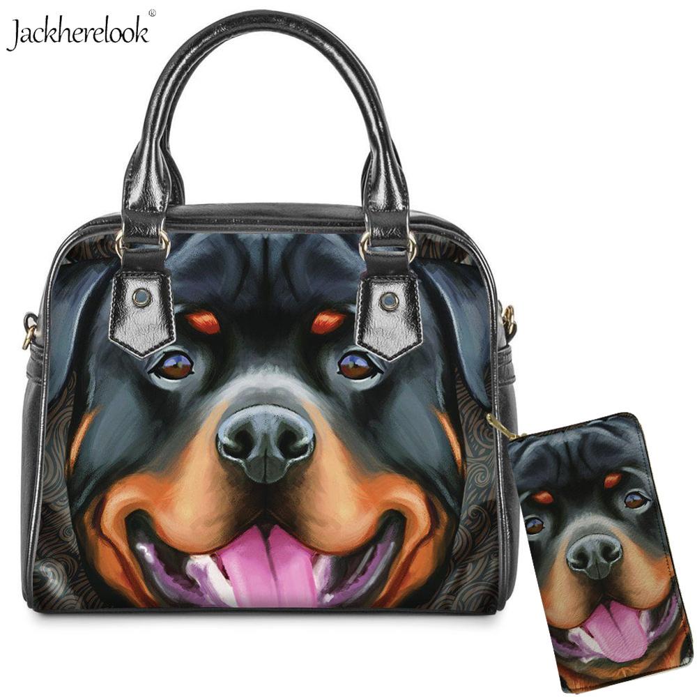 Jackherelook torba na ramię ze skóry pu dla pani 2 sztuk/zestaw Rottweiler pies Pet torba czarny nadruk zwierzęta torebki i portfel: HX639DL-Z21