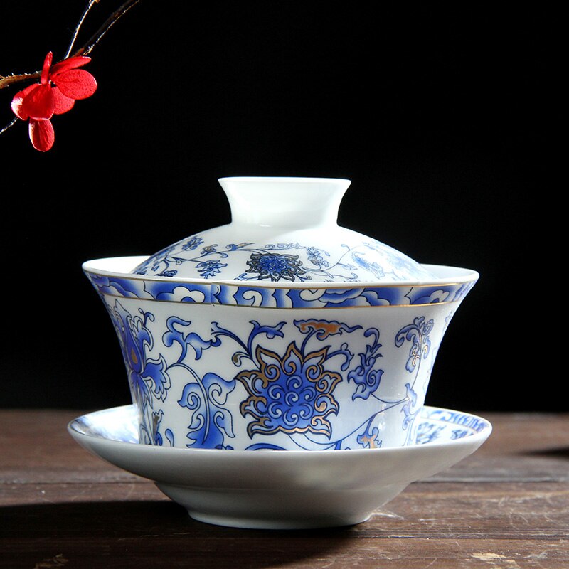 Large Blue and White Porcelain Gaiwan 250ml Ceramic Cover Bowl Jingdezhen Sancai Bowl Respect Tea Bowl Chinese Tea Set