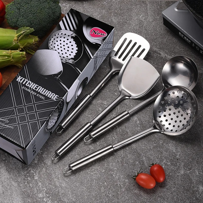 Stainless Steel Kitchen Utensils Set With Magnet 1 Round Handle Cooking Tools Seven Piece Set Includes Spatula And Wok