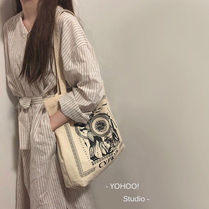 YOHOO! /Retro Greece Illustration CHIC Korean-style Versatile One Shoulder Canvas Bag Vintage Shopping Bag Female Students INS