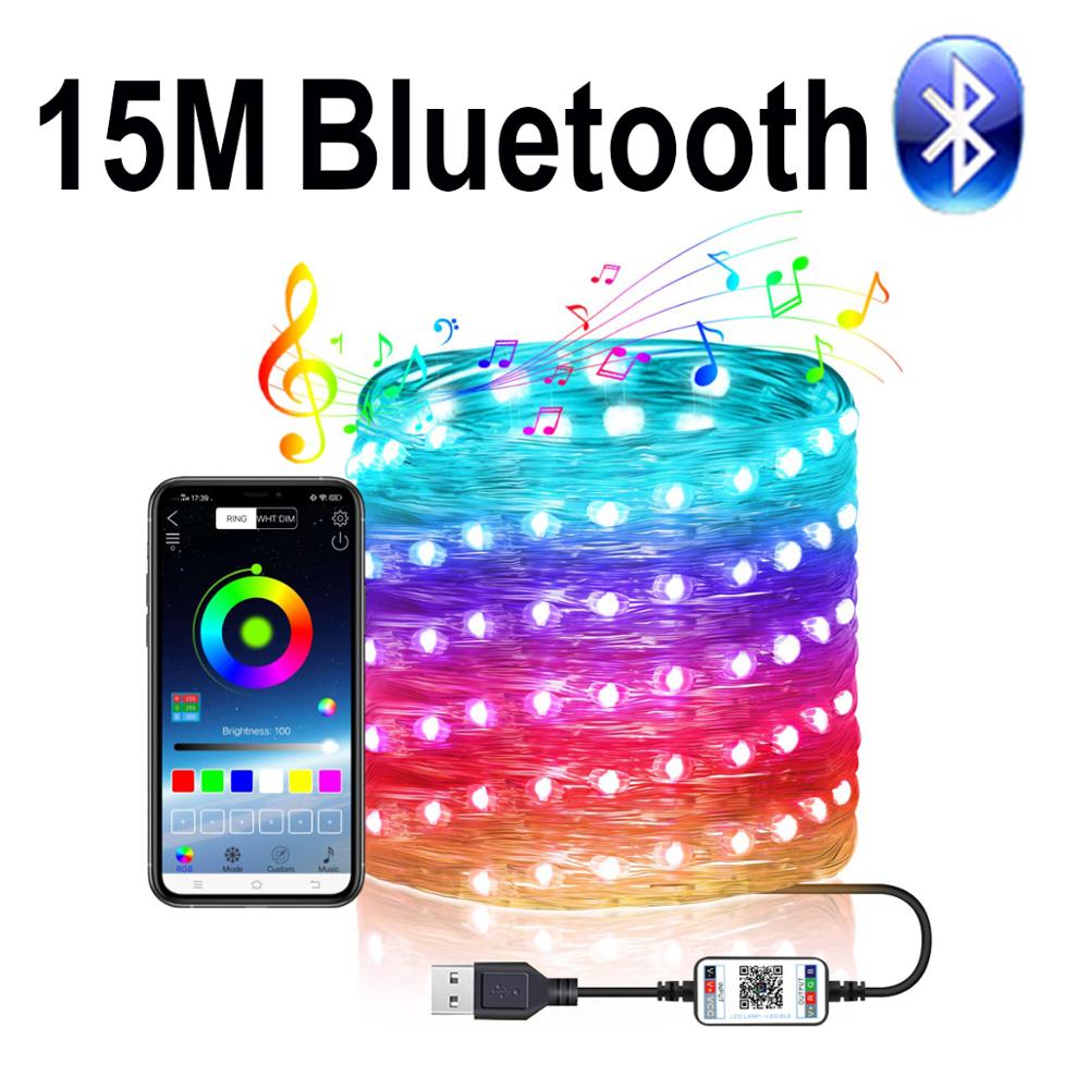 Julbelysning utomhus bluetooth led snöre trädgård års krans dekoration usb festong led ljus belysning: 15m bluetooth