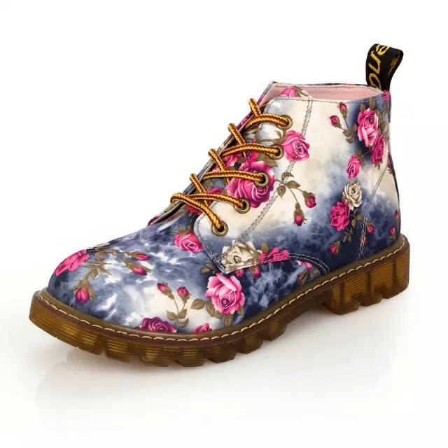 SHIDIWEIKE Frauen Stiefel Blumen- Gedruckt Stiefel Weiche Sohle Stiefeletten Spitze hoch Plattform Schuhe Frau B033: Blau / 8,5