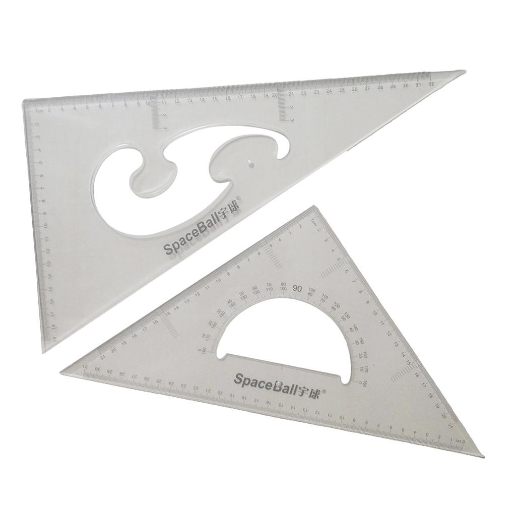 Pack of 2 45/60/90 Degree Triangle Rulers Plastic Transparent
