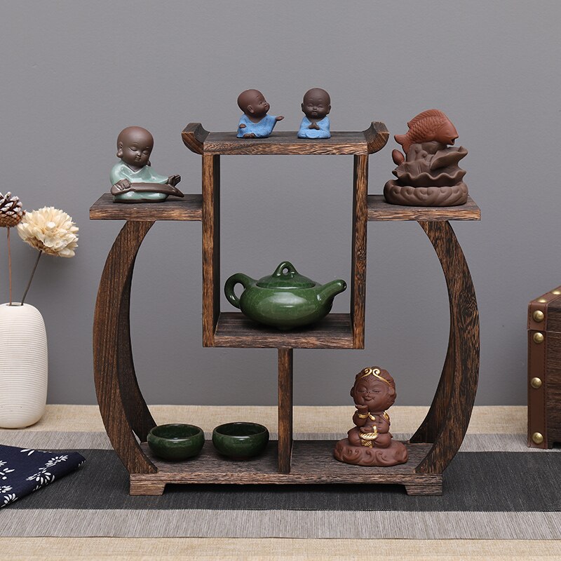 Small Solid Wood Chinese Style Tea Pot Tray Burn Paulownia Hand Polished Antique-and-curio Shelves Teapot Set: model 020 depth 12cm
