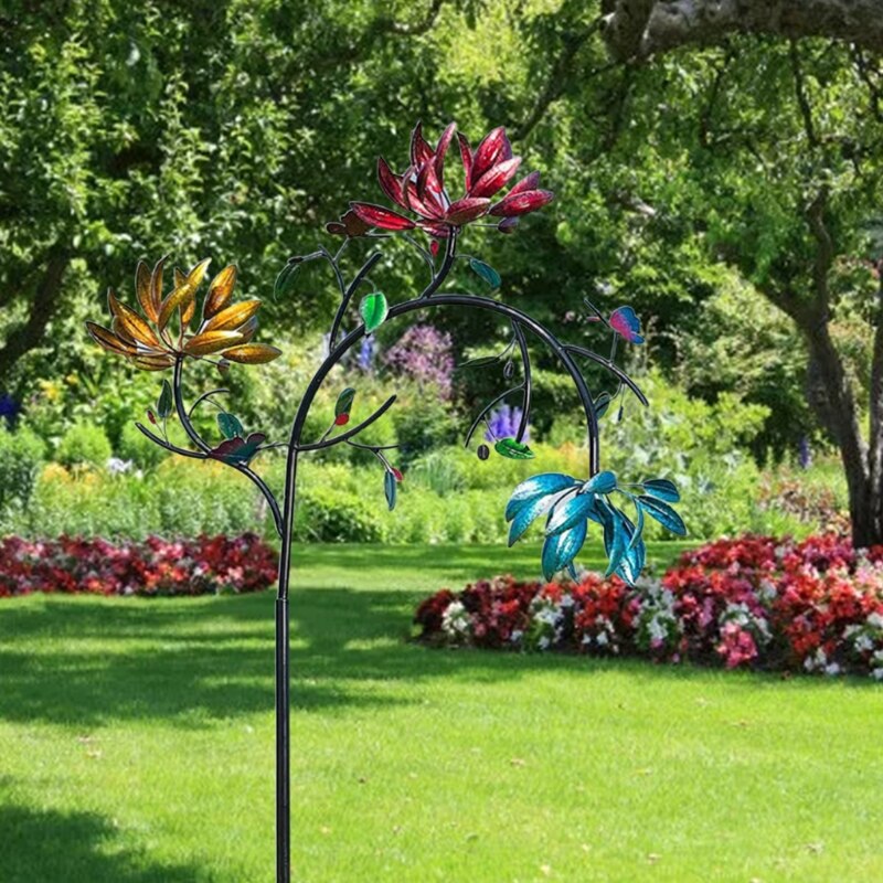 Moinho de vento de metal grande com 3 flores giratórias, borboletas, moinho de vento, escultura para decoração de arte de jardim, quintal ao ar livre