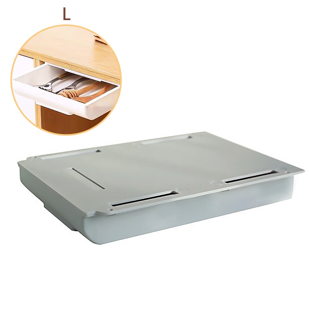 Creativity Self Stick Desk Drawer Hidden Storage Box Stationery Case Pencil Tray Pen Holder Makeup Organizer For Office Home: Grey    L