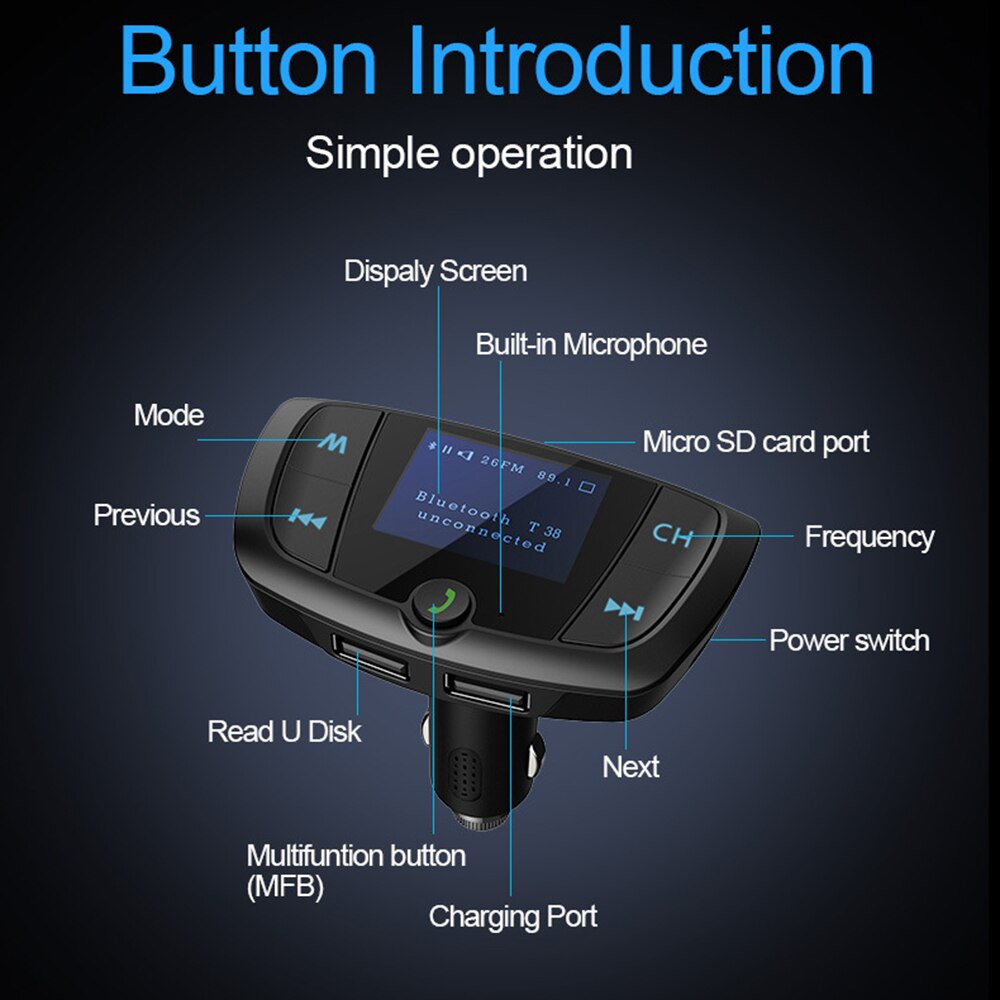 JINSERTA Bluetooth FM Transmitter Dual USB Charger Wireless Handsfree Car Mp3 Player Support U Disk / TF Card Music Play